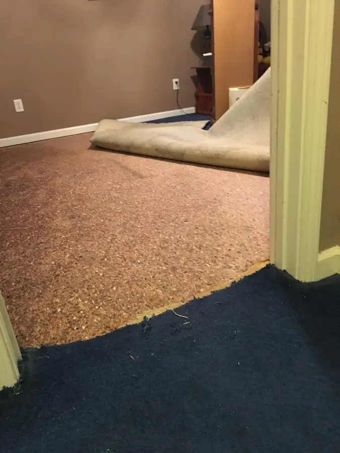 Carpet pad removal revealing water damage during Water Mitigation Services in Texas